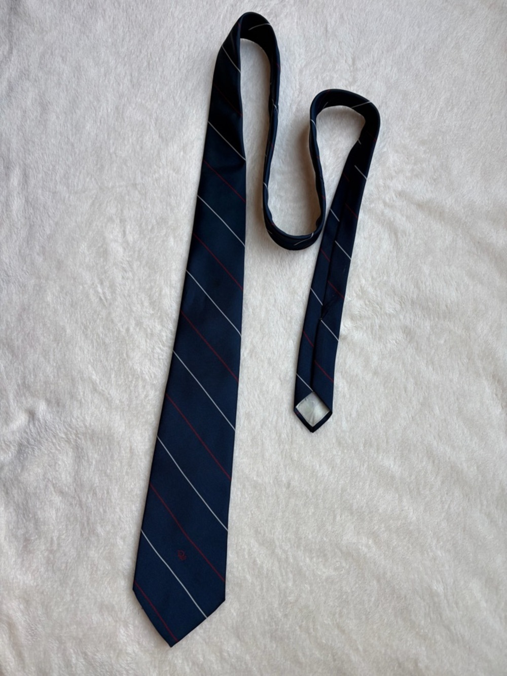 VINTAGE Christian Dior Navy Striped Polyester Blend Tie with Red & White Accent